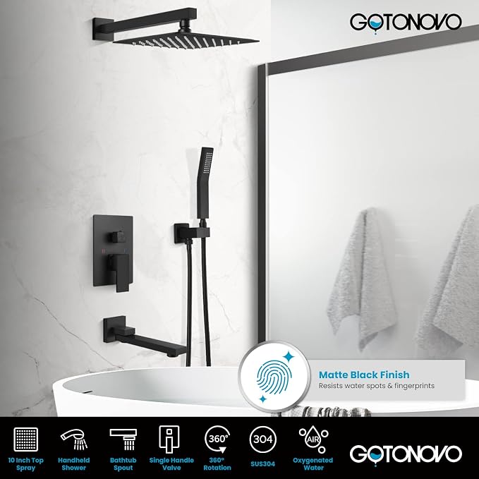 Juego de grifería para ducha y bañera 10'' Negro miniatura 3