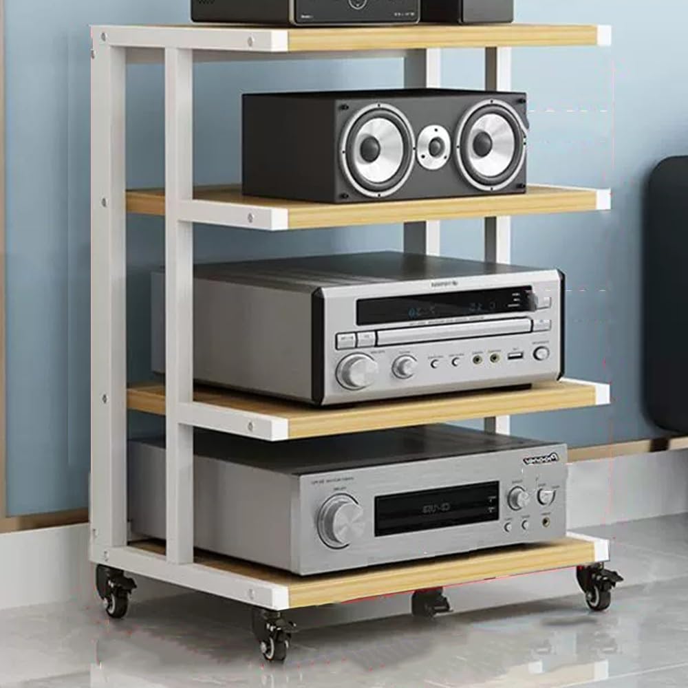 4-poziomowy stojak audio HiFi z kółkami – biała i orzechowa szafka na media do kina domowego, do przechowywania komponentów AV, narożna konstrukcja wieży stereo, trwała i stylowa