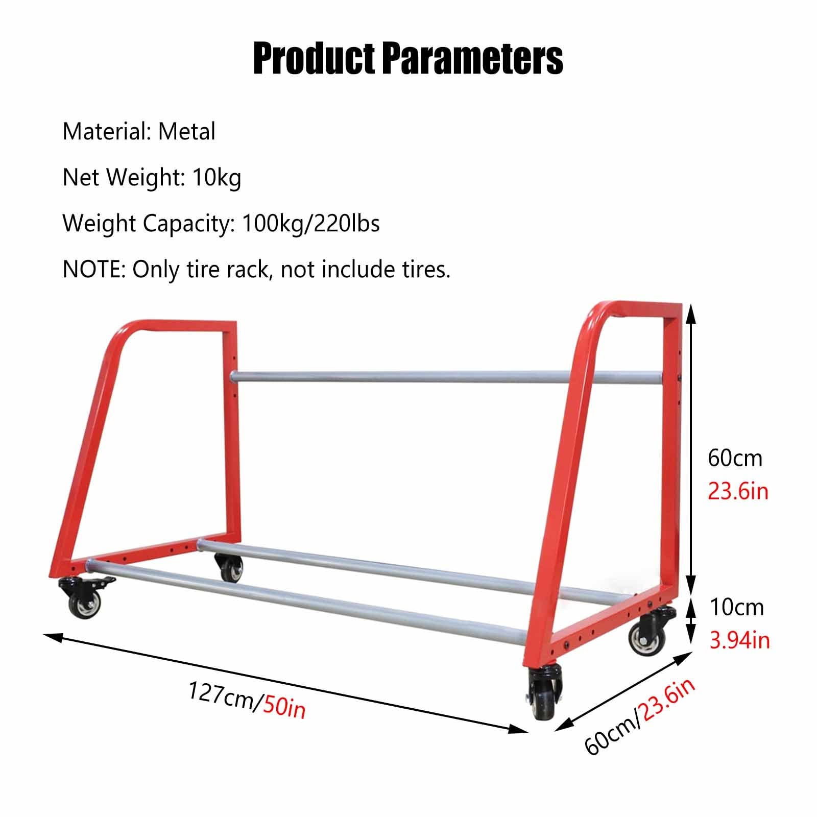 SDdPulse Supporto per pneumatici in metallo, regolabile, con ruote, per casa, garage, auto, concessionari di auto, scaffalature da officina a pavimento, rosso, 127 x 60 x 60 cm