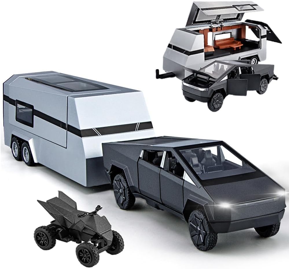 Image of Invite Enterprise 1:32 Scale Die-Cast CyberrTruck with Pick-Up Trailer with 6 Openable Doors Pull Back Action,Lights & Music Best Vehicle Gift for Kids【Pack of 1】【Random Color】