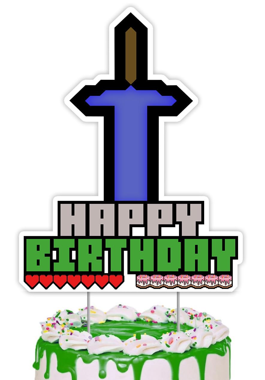 Party Hive 8-Bit Pixel Miner Sword Cake Topper for Kids Happy Birthday Party Event Mining Video Game Craft Decoration