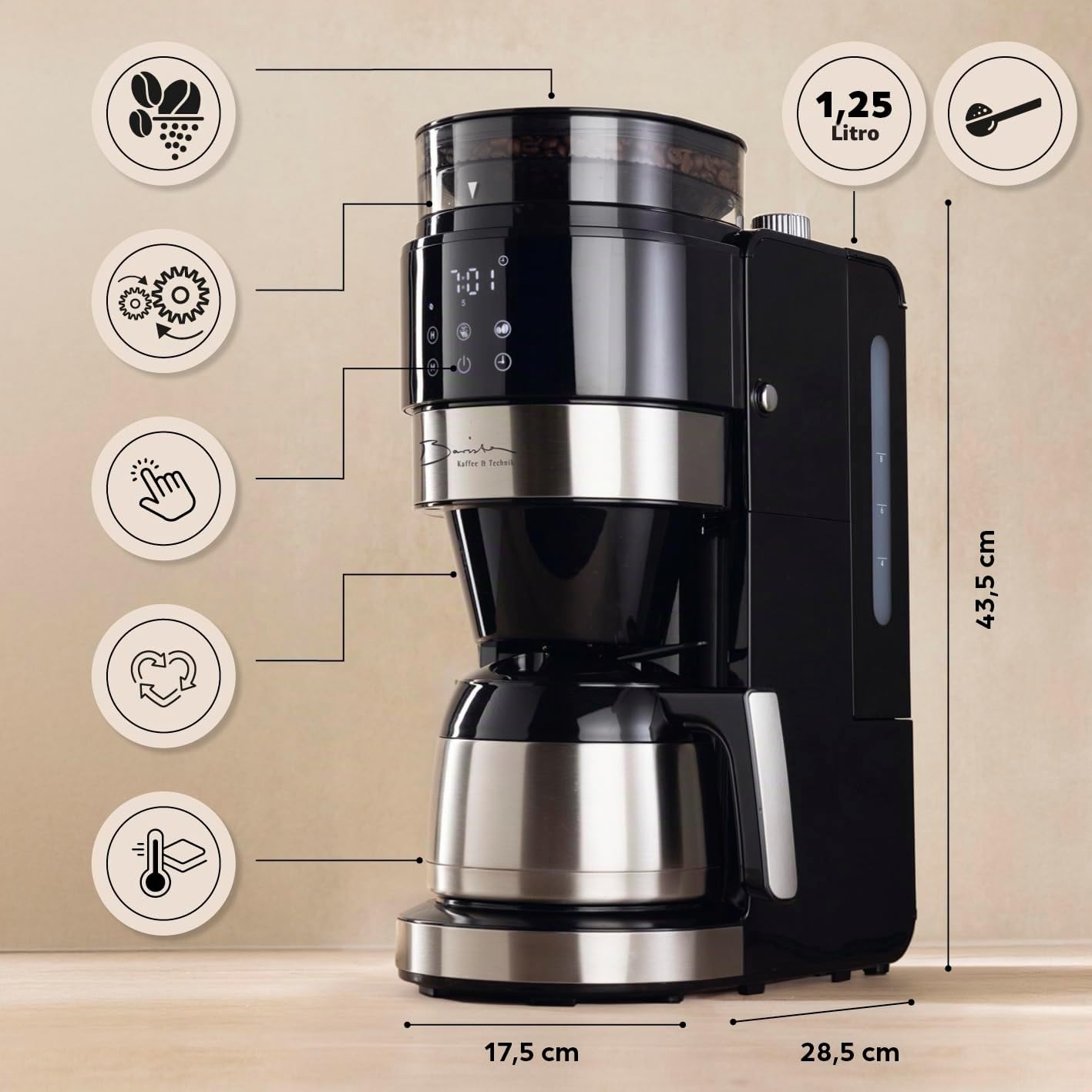 Barista - Macchina da caffè con display touch digitale, 800 W, con macina + caraffa termica
