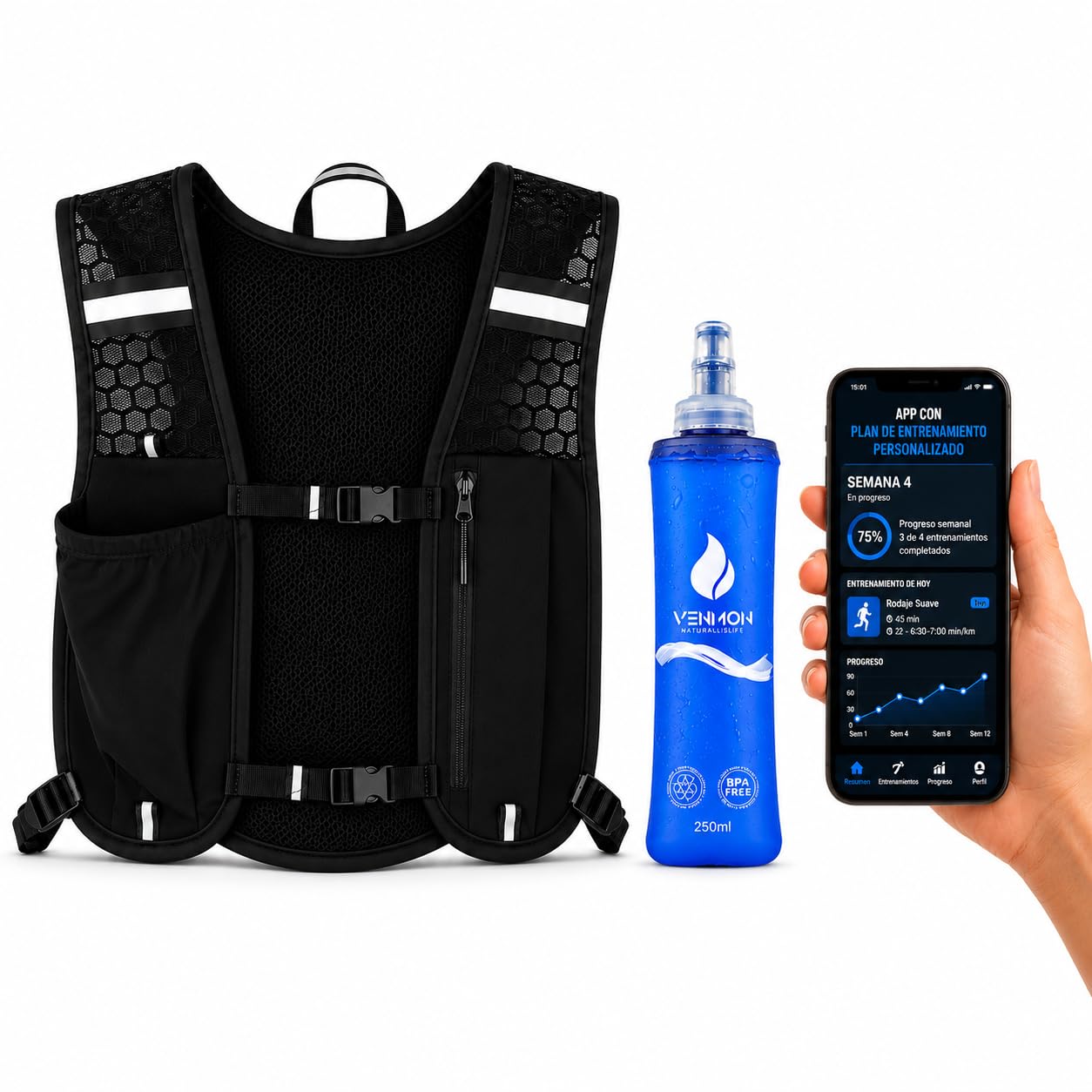 Chaleco Running Hombre Mujer con Botella 250 ml, Chaleco Hidratación Trail Running Ultraligero, Mochila Running Transpirable con Bolsillo para Móvil y Ajuste Reflectante para Correr