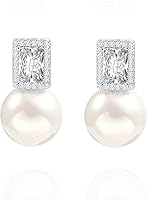 PEARLADA 925 Sterling Silver 7.5-8mm AAA+ White Freshwater Pearl Dangle Drop Hoop Earrings for Women