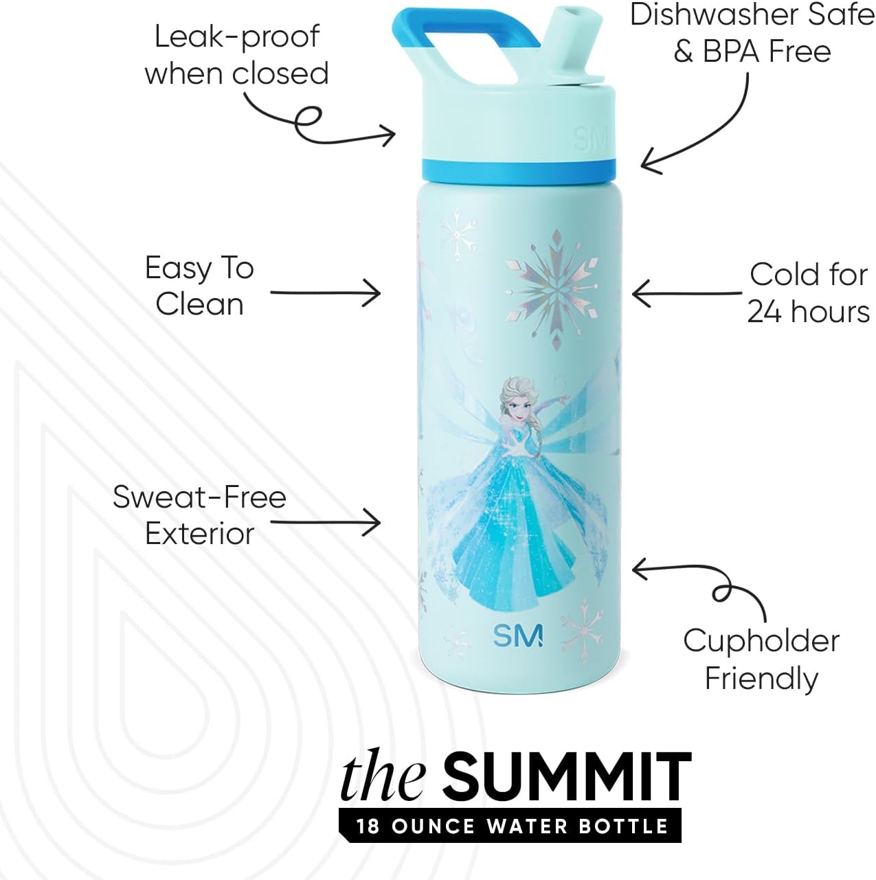 Simple Modern Kids Summit Water Bottle with Straw Lid | Disney Frozen 18oz Stainless Steel Cup Insulated Tumbler for Girls, School | Iridescent Elsa - Image 2