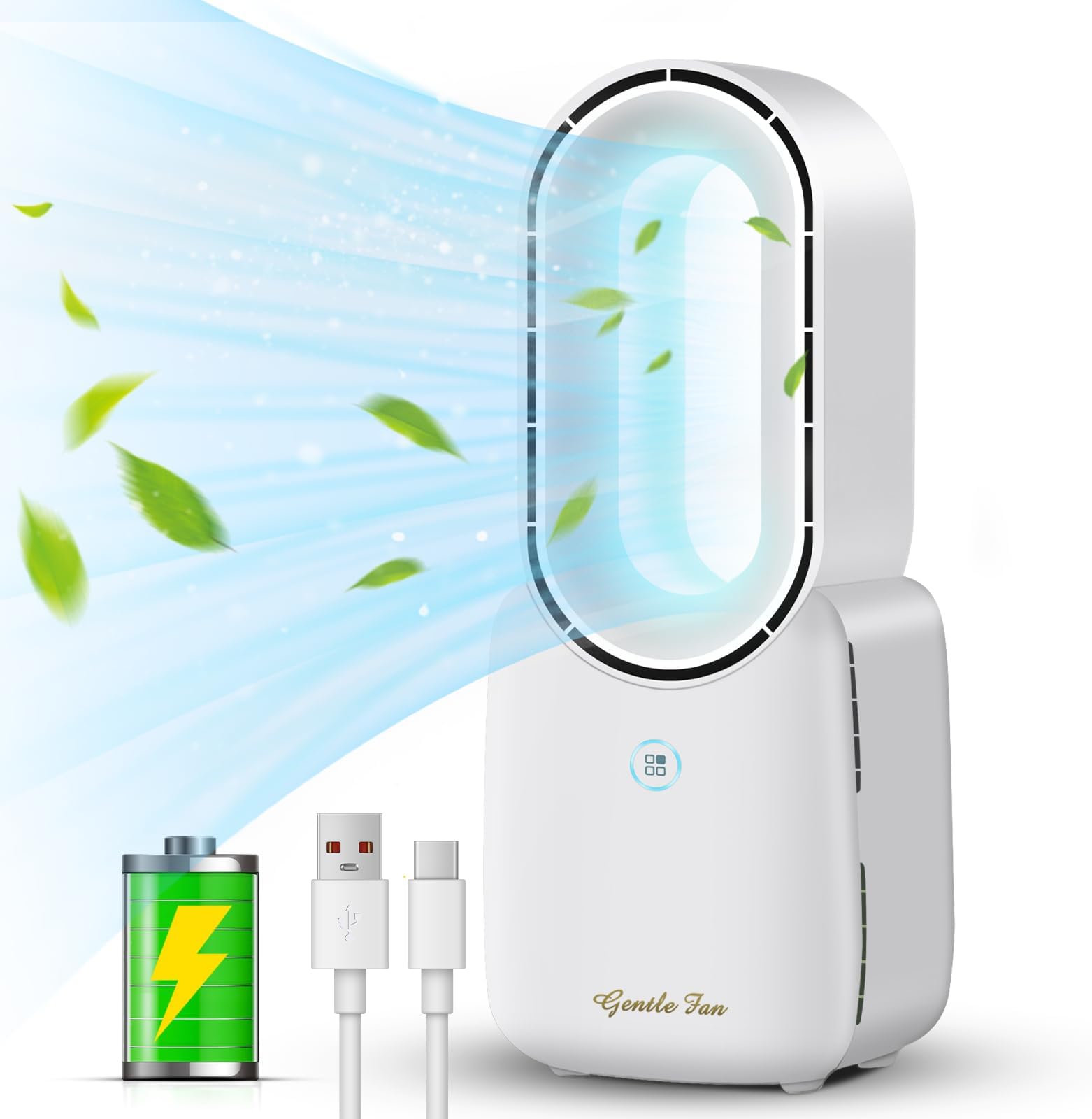 Misby Rechargeable Battery Operated Desk Fan, USB Bladeless Table Fan of 11.8 Inch with 5-color LED Light, Easy to Clean & Touch Control, White Desk Fans Small Quiet for Bedroom, Home, Office
