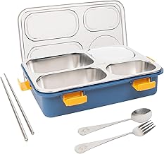Techno Buzz Deal Stainless Steel Lunch Box with 4 Compartments, Includes Chopsticks, Spoon and Fork