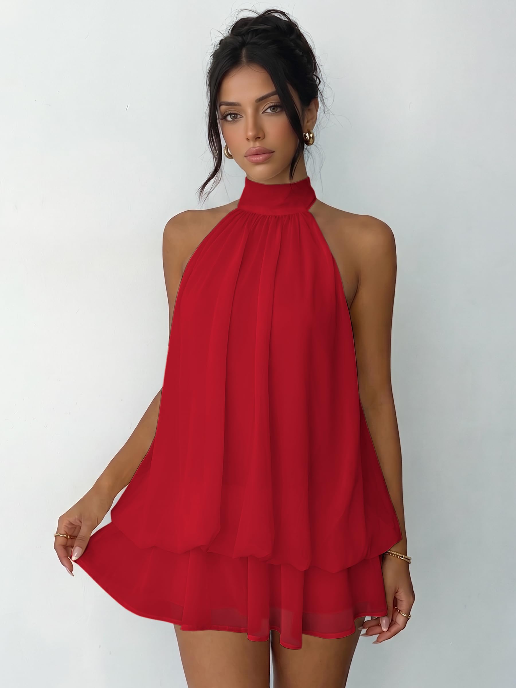 Vestido Mujer Sexy Sin Mangas Mini Vestidos Halter Elegantes Verano Vestido Espalda Descubierta con Volantes Ligero Fluido Vestidos Holgado de Gasa Casual Dress para Fiesta Playa Cocktail