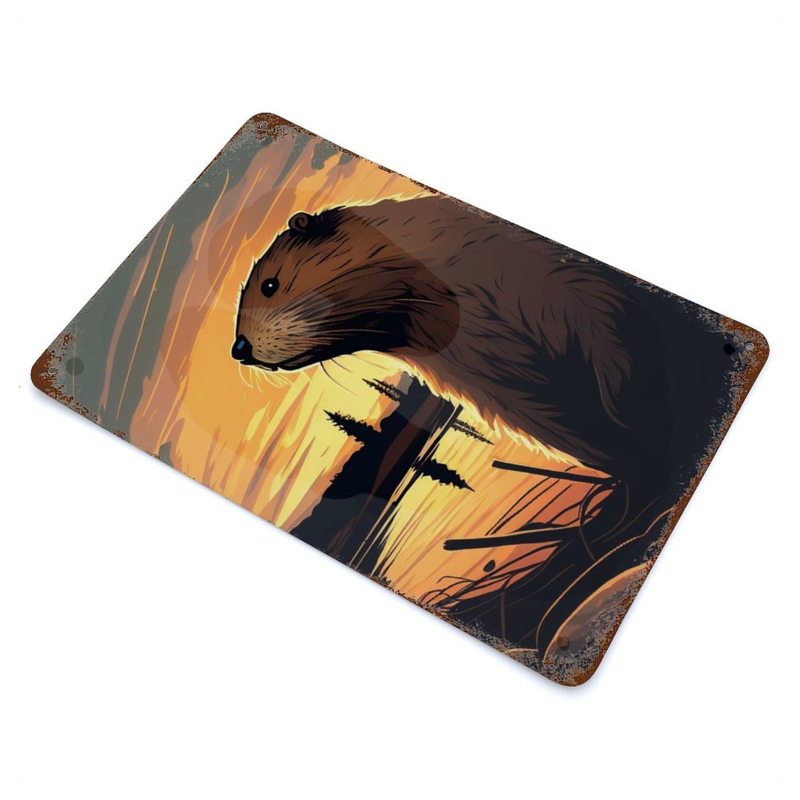 Rust Effect Beaver Sunset Weathered Tin Sign 11.8"x7.9", Shabby Chic Decor for Cafe, Home Bar And Lounge Decor