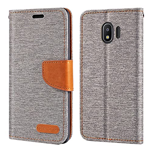 Shantime Étui Portefeuille Tissu Oxford Compatible avec Samsung Galaxy Grand Prime Pro, Coque Magnétique Durable avec Fentes Cartes et Support(Gris)
