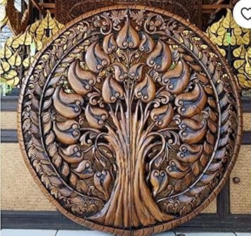 WoodIdea Wood Panel 24 X 24 Inch Carved Wood Tree Bodhi Tree of life Lotus Flower Wooden Large Wood Wall Hanging Art Panels Color Brown Anticque Glossey