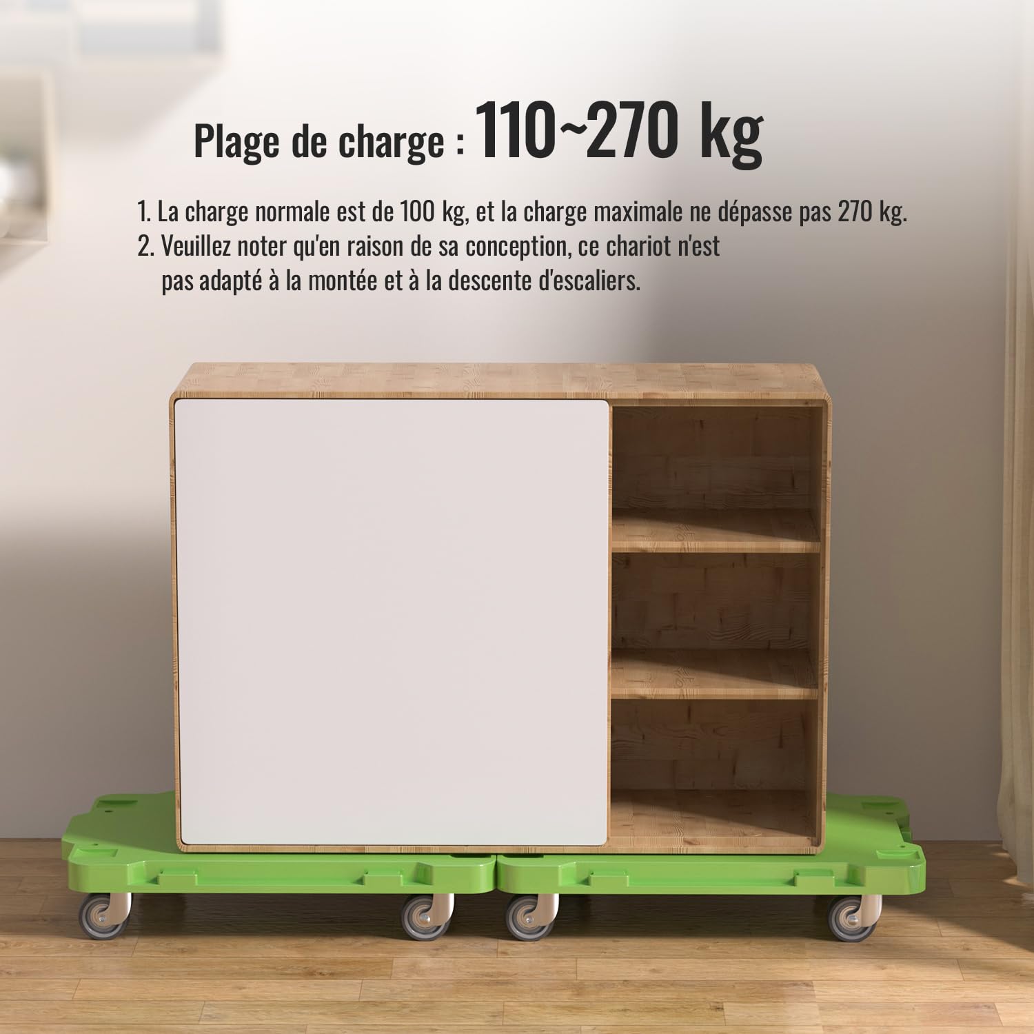 Chariot à roulettes Plat 42 x 29 cm, Design splicable, capacité 227 kg, roulettes pivotantes 5 cm pour Tous sols, idéal pour Maison, Bureau, Garage avec 2 Sangles élastiques (Lot de 2, Vert)
