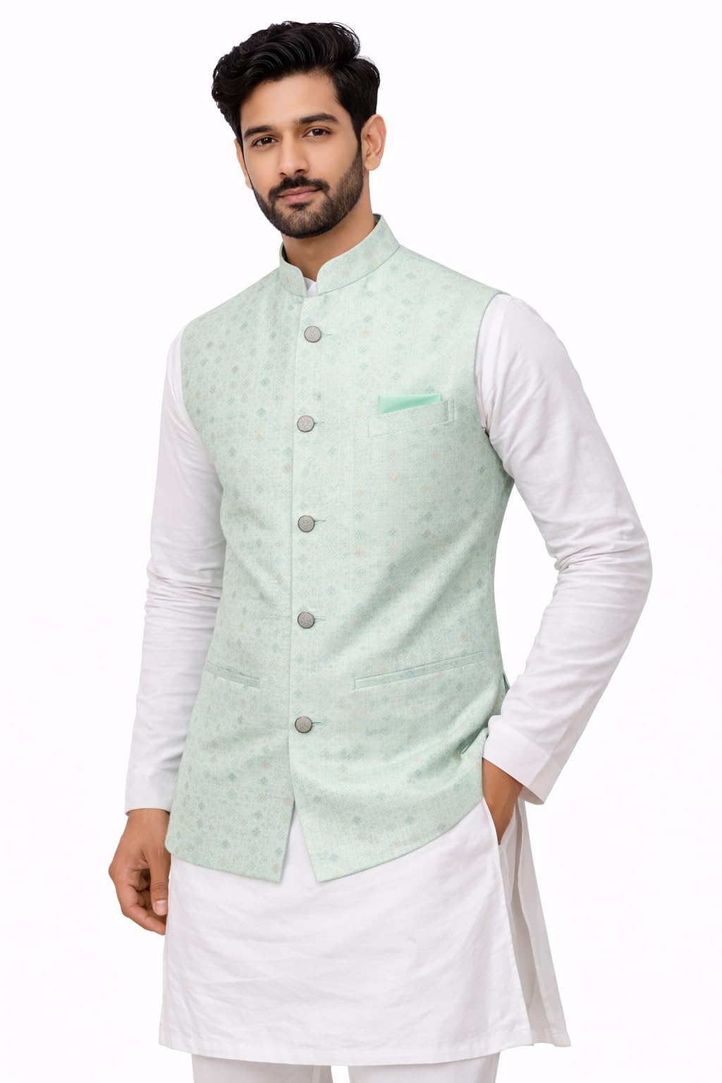 Men's Nehru Jacket, Mint Green, Printed Ethnic Waistcoat for Festive and Casual Wear-image-42