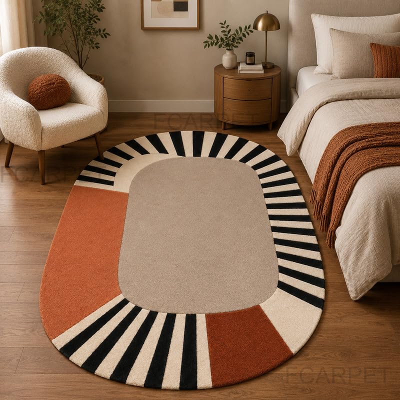 Image of Oval Carpet with Geometric Stripe Border Luxury Wool (Multicolor 12 x 15 feet)