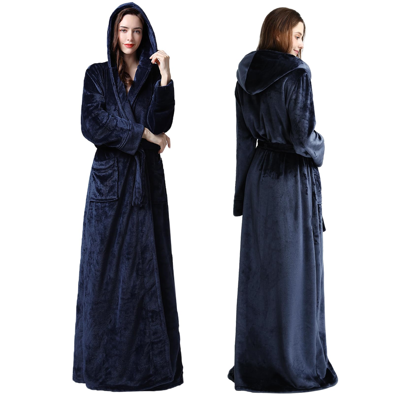 Womens Long Fleece Robe: Floor Length Flannel Hooded Bathrobe, Plush Warm Winter Housecoat, Fluffy Soft Cozy Nightgown