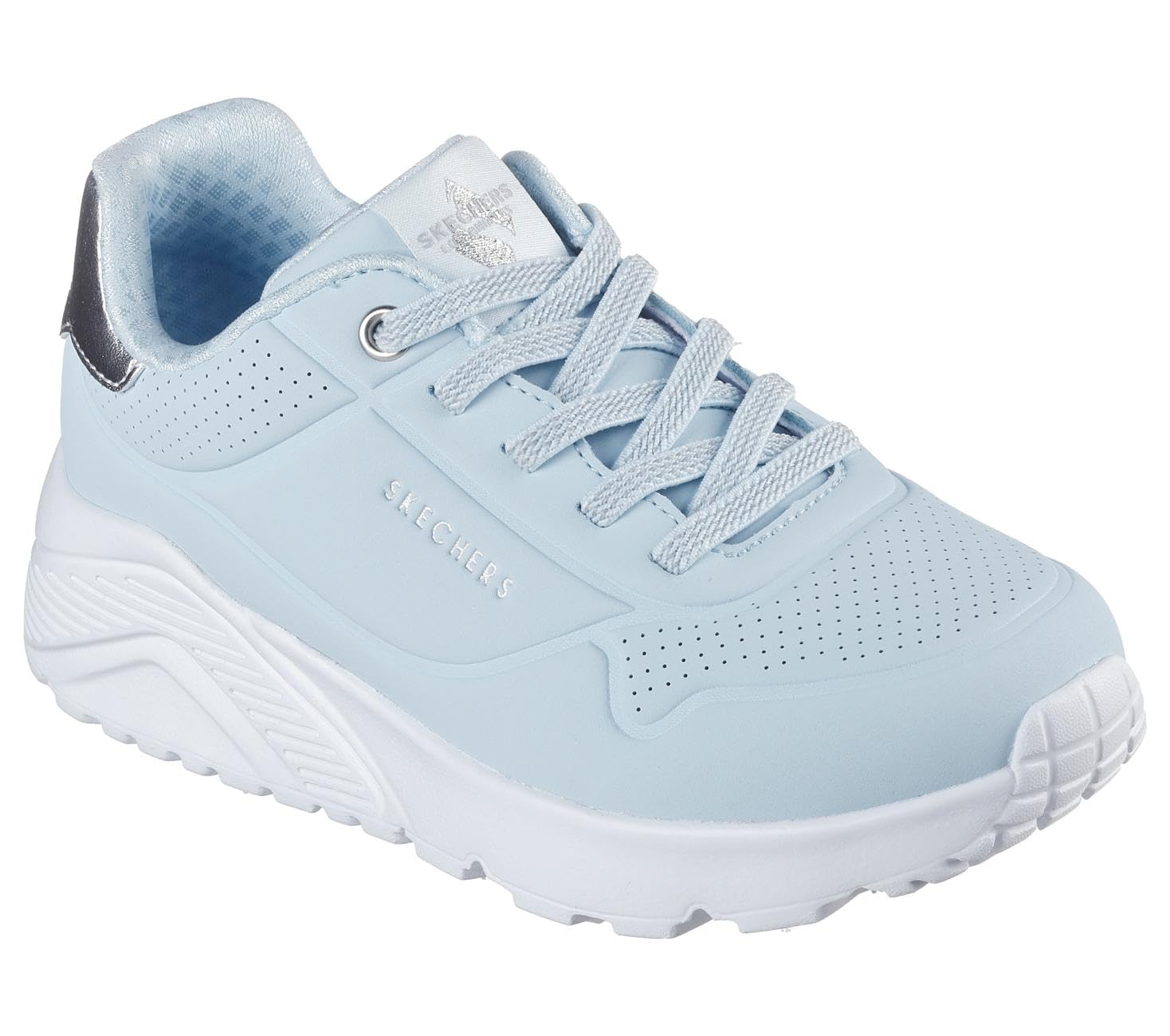 Skechers Girl's Uno Lite Sneakers, Light Blue Synthetic/Silver Trim, 4.5 UK Child