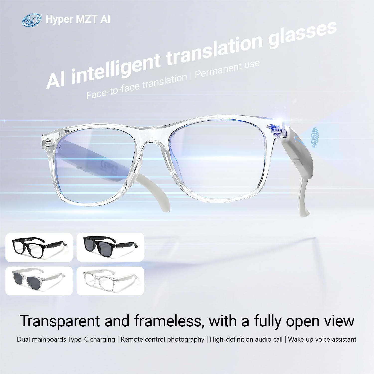 LONGLU Lunettes intelligentes – Traduction IA en temps réel via application, appels Bluetooth 5.4/musique, contrôle tactile léger, lumière bleue et protection UV (monture noire – lentille grise)