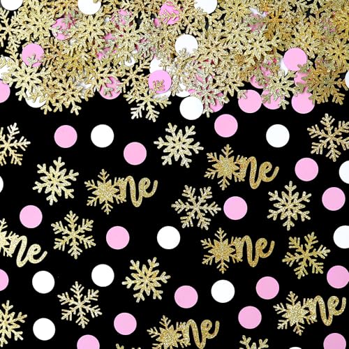 Image of 200pcs Winter Onederland 1st Birthday Confetti for Tables, Gold Glitter One Snowflake Confetti and Pink White Dots Table Scatter for Baby Girl First Birthday Decorations /Decor.