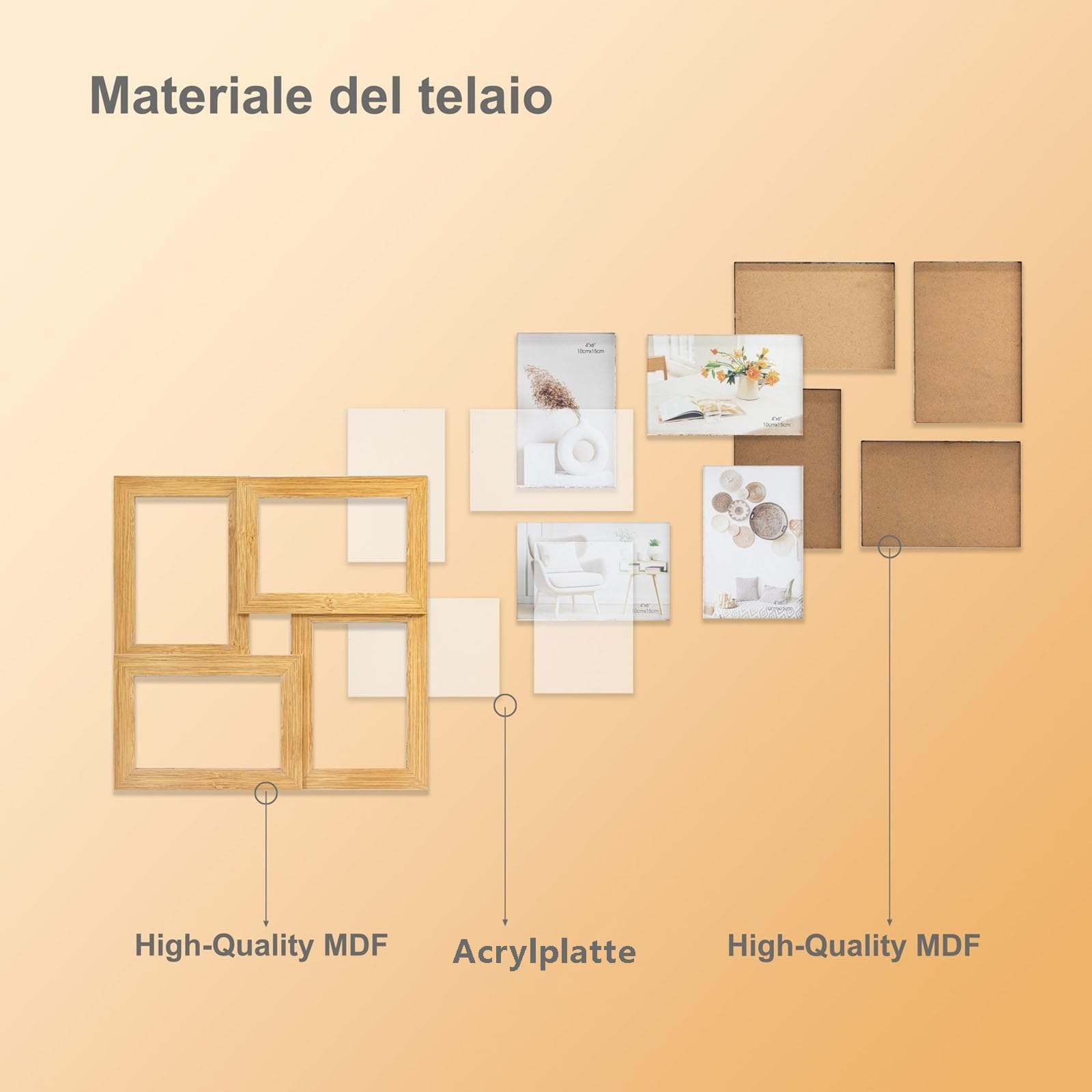 Tutee Cornice Per Foto, Robusta Cornice in Legno MDF, Cornici Foto Multiple da Parete, Portafoto da Parete Multiplo, Decorazioni Murali, Cornici 10x15cm 4PZ (Legno Scuro)