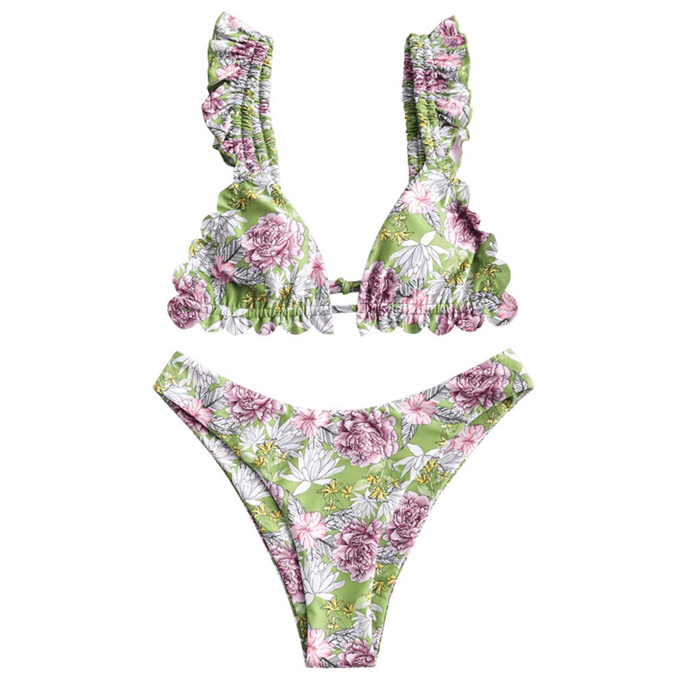 ZAFUL Women's Spaghetti Strap Tie Back Ruffle Triangle Bikini Set Swimsuit