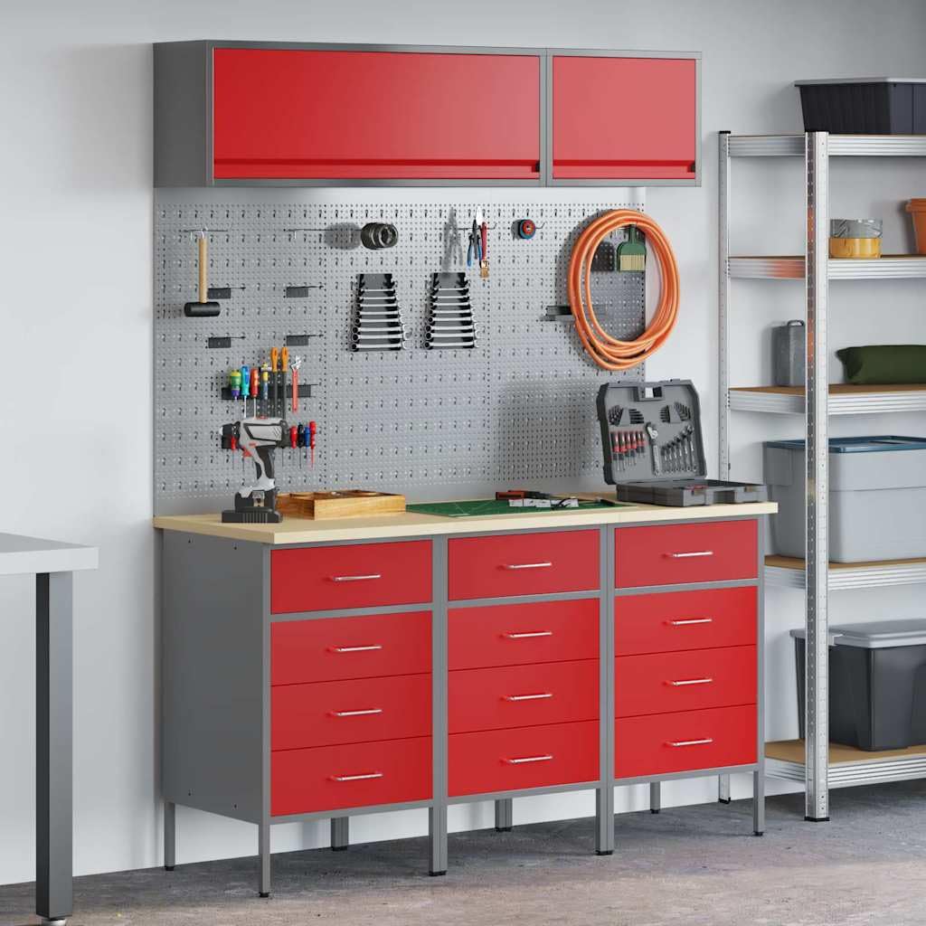 Lot de 6 armoires d'atelier avec tiroirs et étagère, en acier rouge, avec système d'organisation en bois pour atelier, avec étagères réglables