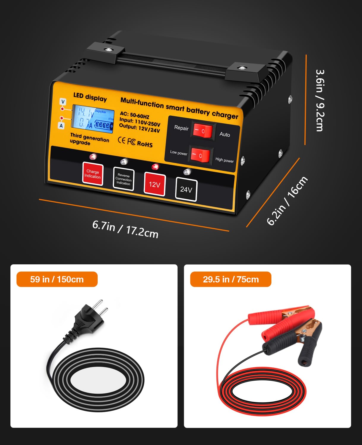 Chargeur de Batterie de Voiture 12V / 24V Chargeur de Batterie Intelligent Entièrement Automatique avec Fonction Réparation pour Les Batteries Plomb-Acide et LifePO4