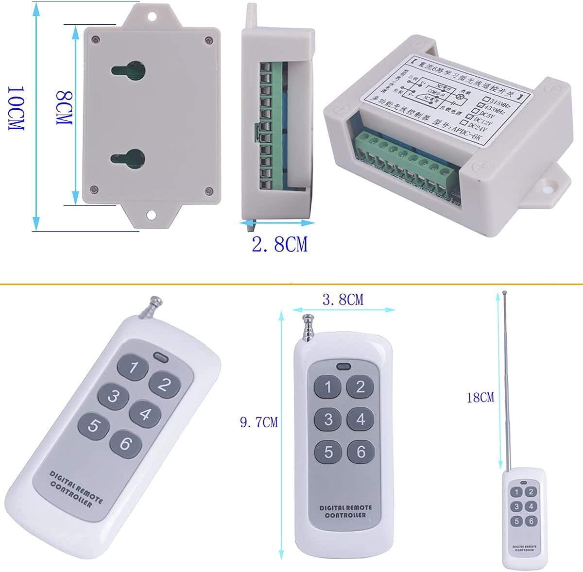433mhz 12V DC 6 Channel Wireless Remote Control Relay Switch 12v Remote Relay ON Off Transmitter and Receiver Universal Motor Light Door Window Controller (12V 2X Control 433MHz)