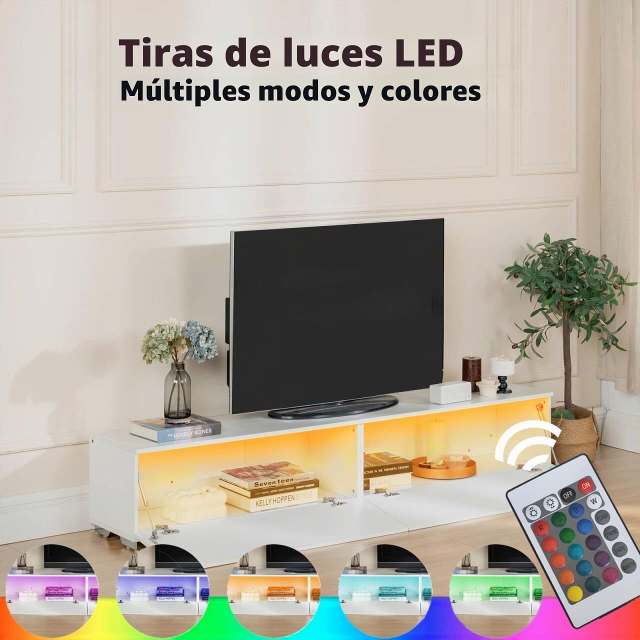 Mueble de TV Moderno Con Iluminación LED, Colgante o de Pie, 180 cm de Longitud, Madera Blanca Con Almacenamiento, Para Pared o Suspendido