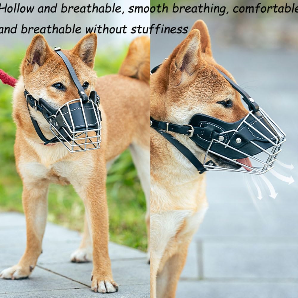 Bozal para Perro Bozales Anti-Morder Transpirable Cesta de Metal para la Cara para Perros Anti Morder y Ladrar,Correa de Cuero Ajustable Adecuada para Perros Grandes pequeños y medianos de 7.5 a 35 kg