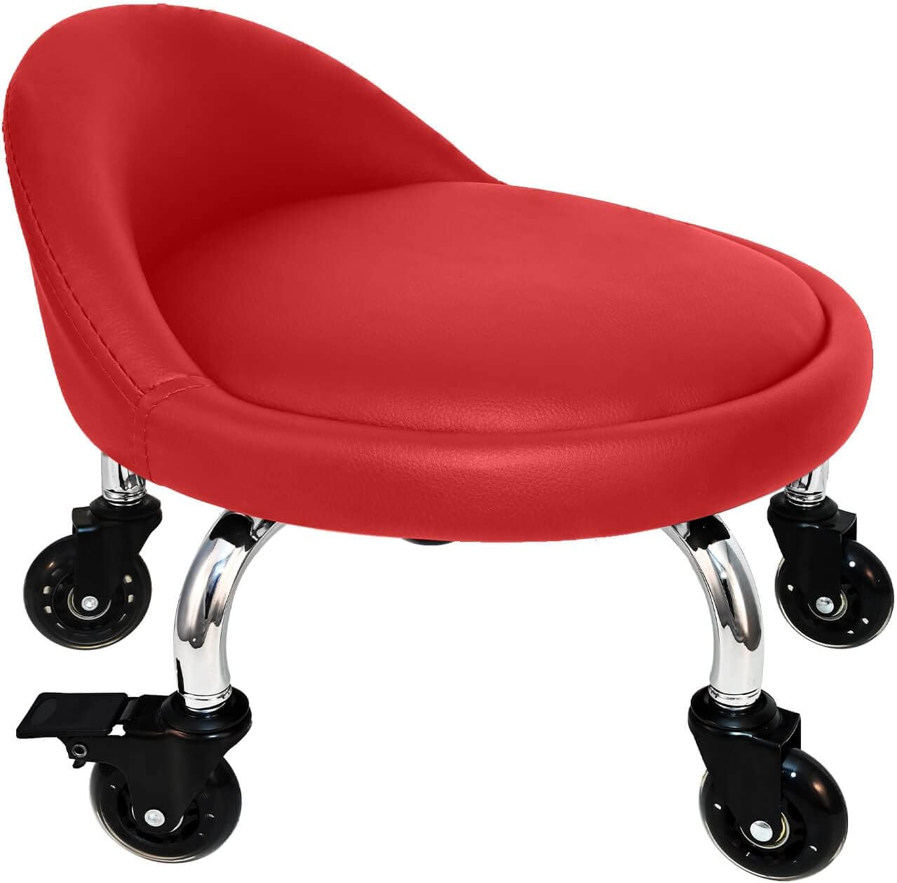 Rolling Stool with Backrest 450 Lbs High Weight Capacity PU Leather Roller Seat and Heavy-Duty Crystal Universal Wheels for Men Women Boy Girl Furniture Gift, Home Office Red