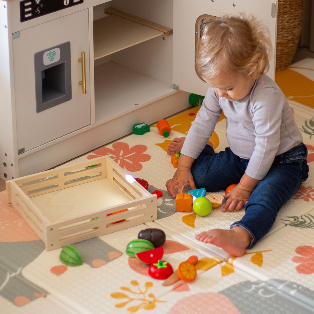 Mamabrum Frutas y Verduras Juguete - Set de Comida Madera con 17 Elementos Magnéticos - Comida de Juguete para Cocinita Infantil con Tabla, Cuchillos y Caja Almacenamiento - 3+ Años