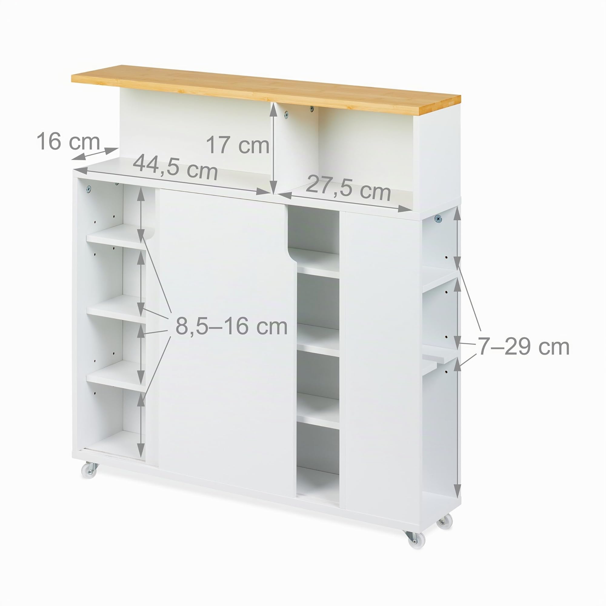 Relaxdays Carrito Auxiliar Estrecho, 6 Compartimentos, Portaescobillas, 79x17x75 cm, Baño, MDF, Bambú, Blanco/Natural