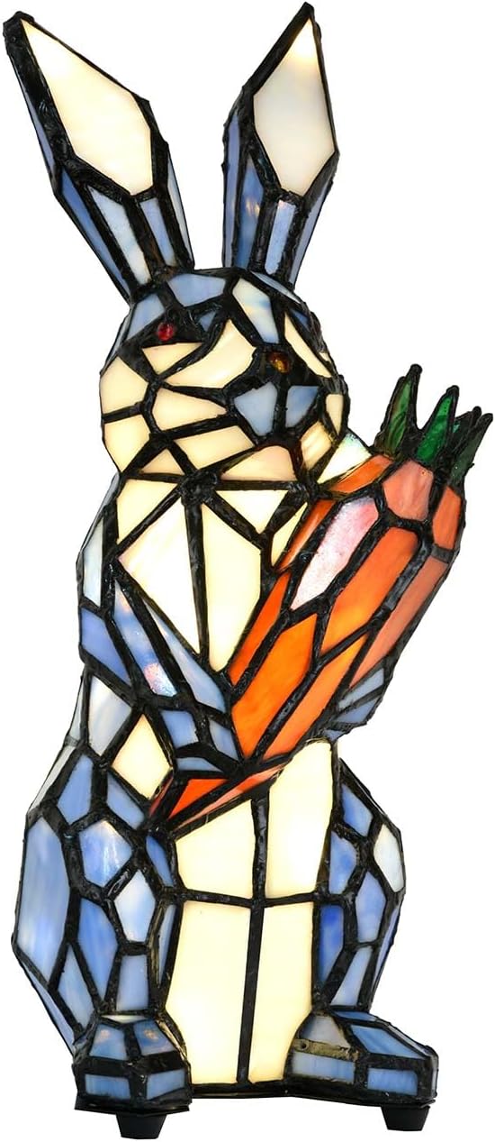 Bieye L10946 Rabbit Holds Carrot Tiffany Style Stained Glass Accent Table Lamp for Home Decor (Red)