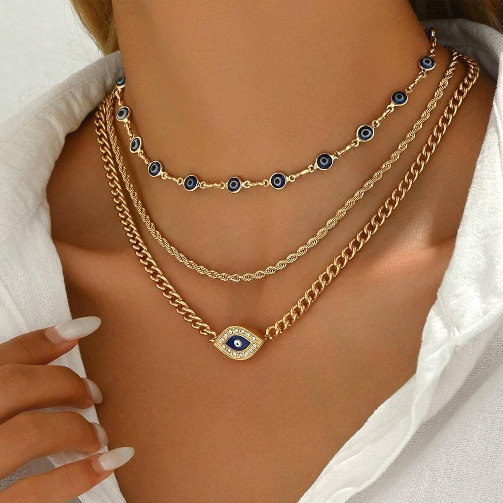 Gold Evil Eye Chain Necklace for Women Layered Stacking Evil Eye Lucky Protection Belief Choker Necklace Unique Cuban Chain Boho Jewelry - Image 3