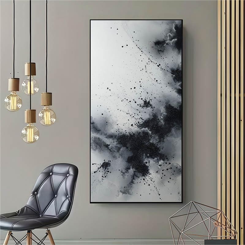 Toile moderne avec éclaboussures d'encre noire et cadre UUDEZO