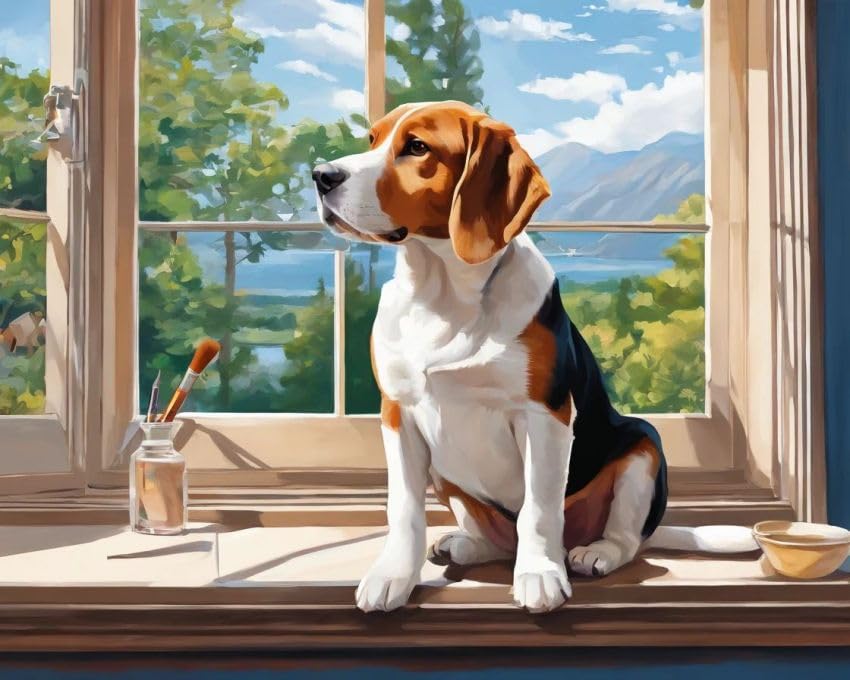 ZMHZMY Paint by Number Kits Beagle on Windowsill DIY Digital Canvas Oil Painting or Adults,Beginner,40x50cm Frameless