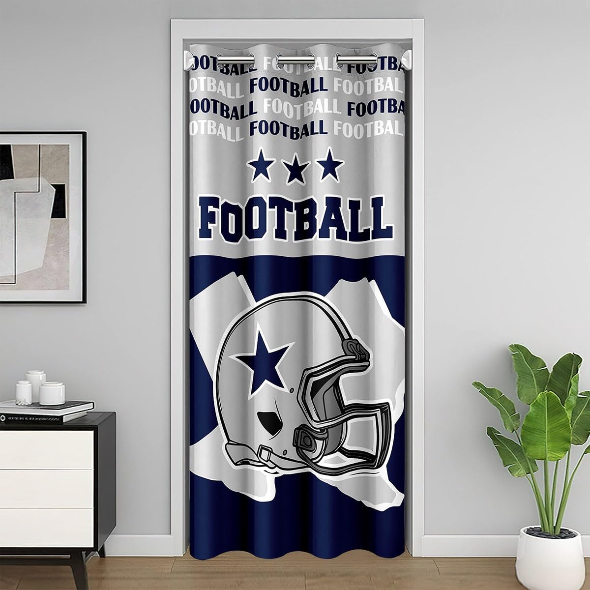 Texas Star Football Door Curtain Western American Football Rugby Doorway Curtain Privacy for Kids Boys Teens Adults Sports Style Modern Navy Blue Door Drape for Bedroom Closet Door 34" W X 80" L