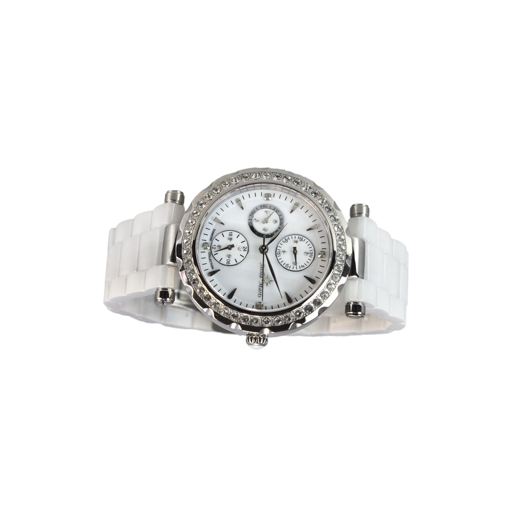 Stella Maris Damen Armbanduhr Analog Quarz Uhr Stilvolle Elegante Damenuhr Frauenuhr Weiß Silber Premium Keramik Armband Diamanten Swarovski STM15R1