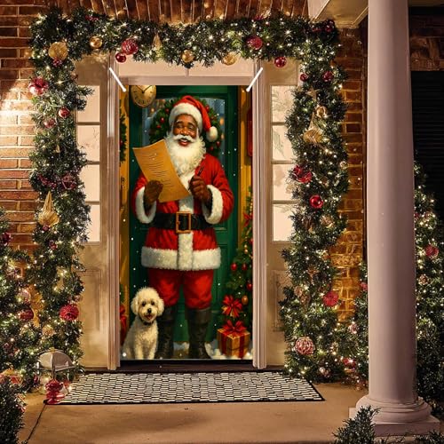 Image of BlissYard Door Cover Christmas Wrapped Box Santa 35x71 Inch Polyester