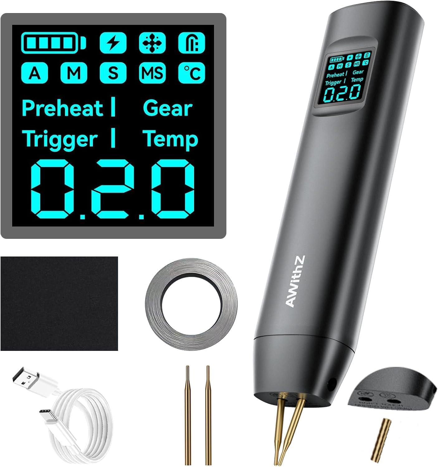 Saldatrice a Punti per Batterie,AWithZ Saldatrice a punti HD2, con ago di ricambio, 99 livelli, display LCD per fai da te e produzione di batterie