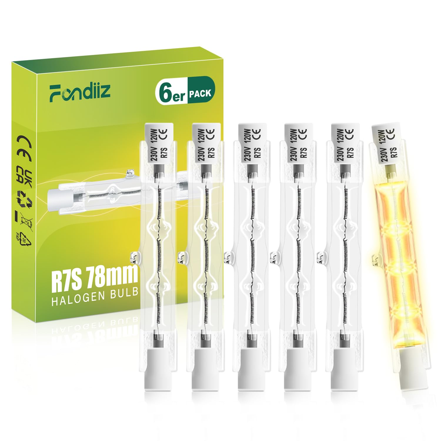 Fondiiz 6 Stück R7s Halogenstab 78mm, 120W Dimmbar Halogen Leuchtmittel R7s, 2000LM 2800K Warmweiß J78 Halogenstäbe Linear Halogenlampe für Strahler, Deckenfluter, Spotlight, Deckenleuchte