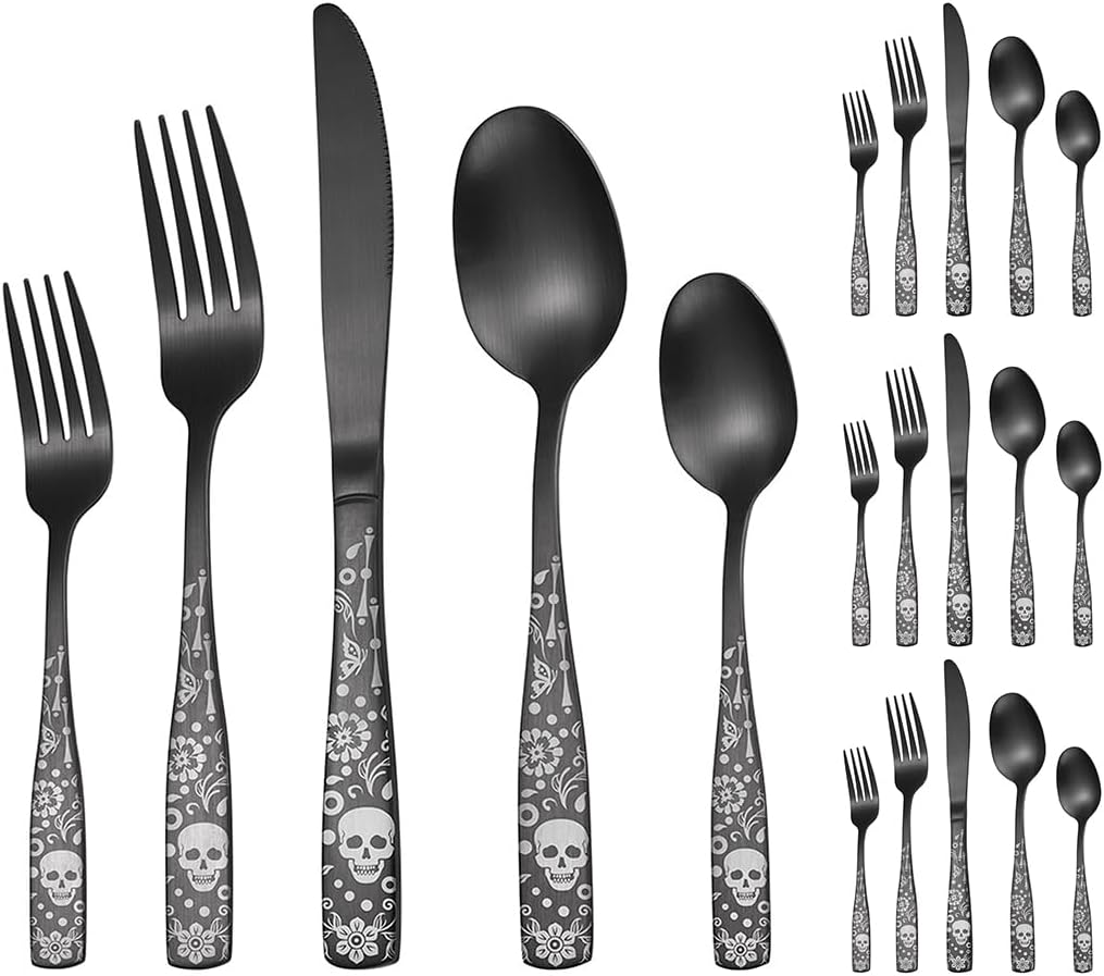 XIAOYU 40 Piece Black Bizarre Skull Silverware Set, Gothic Stainless Steel Flatware Set Serving for 8, Unique Skull/Crow/Flower/Bat Pattern Design, Halloween Cutlery Set Festival Tableware Utensils
