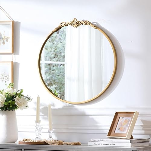 Espejo de pared redondo vintage, marco dorado de 19 pulgadas, diseño arqueado barroco, espejo de tocador decorativo para baño, dormitorio, pasillo