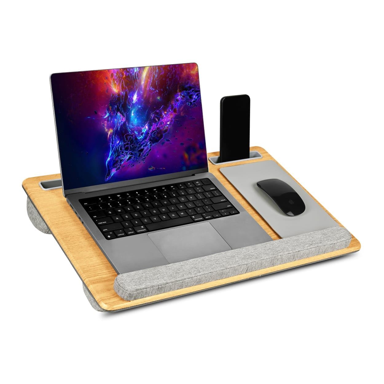 Olyra Lap Desk Pillow with Wooden Laptop Stand, Portable Lap Desk Cushion for Bed, Work from Home Laptop Table for Study, Office & Travel, Comfortable & Stable Workspace