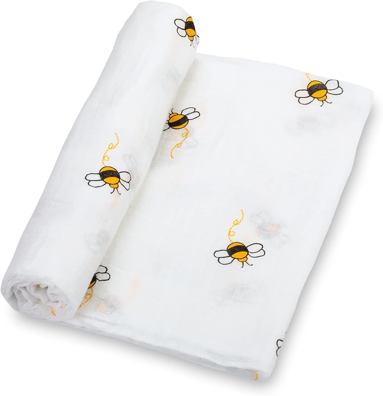 Muslin Swaddle Blankets, 100% Organic Cotton Receiving Blanket | 47" x 47", Breathable Newborn Blanket for Receiving, Swaddling, Nursery, Boys & Girls (Bee Print)