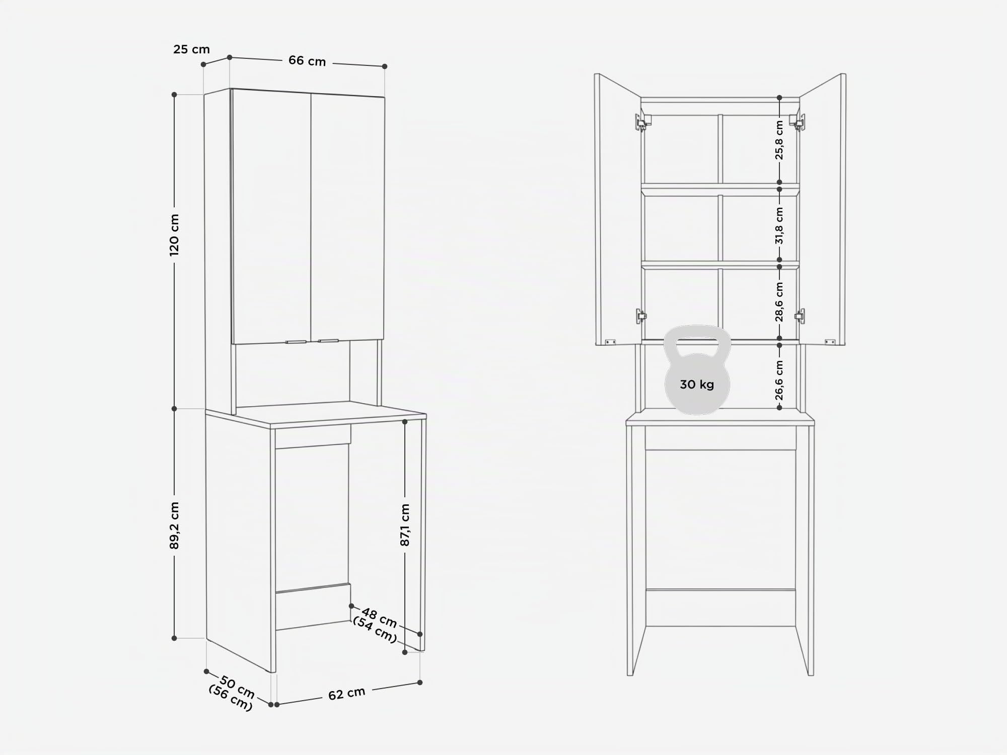 PLATAN ROOM Armoire haute pour machine à laver et sèche-linge - 210 x 65 x 50/56 cm - Blanc (cachemire (beige), 56 cm de profondeur)