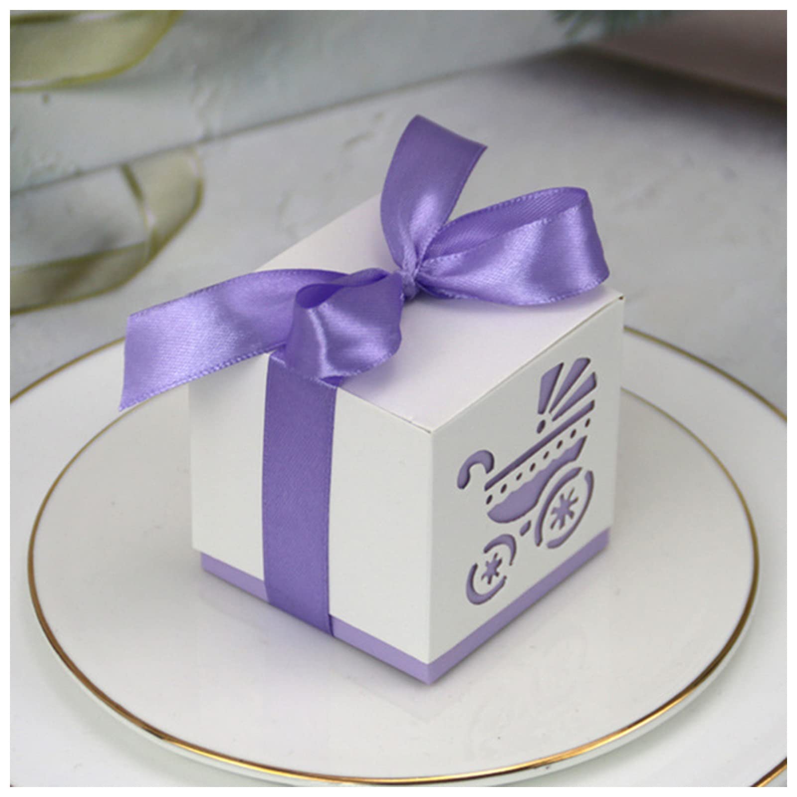 KAYLRE pudełko 20/50/100 szt. Baby Foot Candy Box Baby Shower Carriage Paper Śliczna torba Ślady Party Favor Box Chrzest Pudełko prezentowe (kolor: fioletowy wózek, rozmiar: