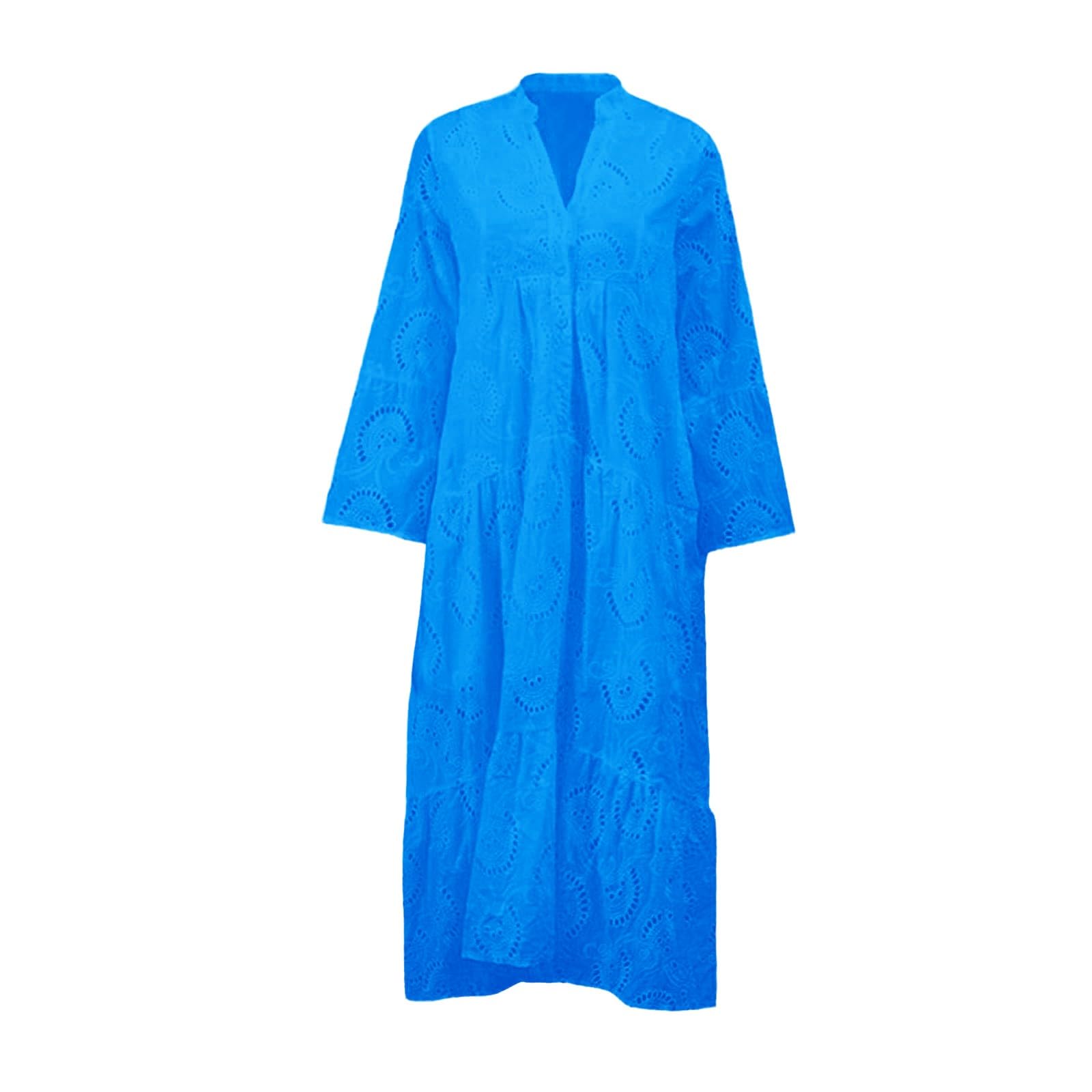 Generico Abito Lungo Donna Scollo V, Maniche a Palloncino, Ricamo Traforato Tinta Unita, vestibilità Ampia Casual Estivo con Orlo Volant per Vacanza