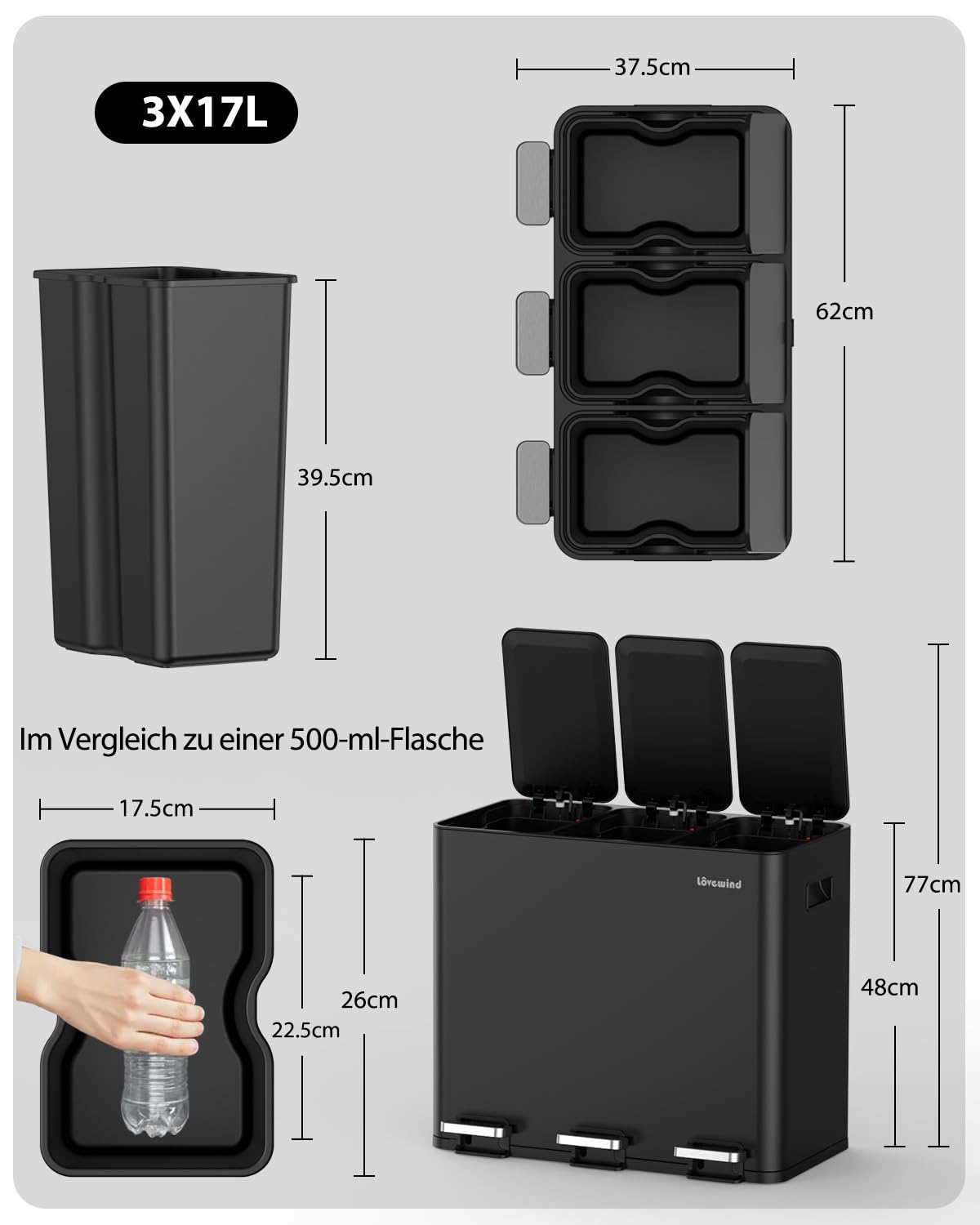 lovewind Mülleimer, 3 x 17 l Recyclingeimer, 3-Fach-Mülleimer für Recycling und Abfall, inklusive magnetisches Etikett, Soft-Close-Deckel, Pedale, Inneneimer, Stahl,Schwarz