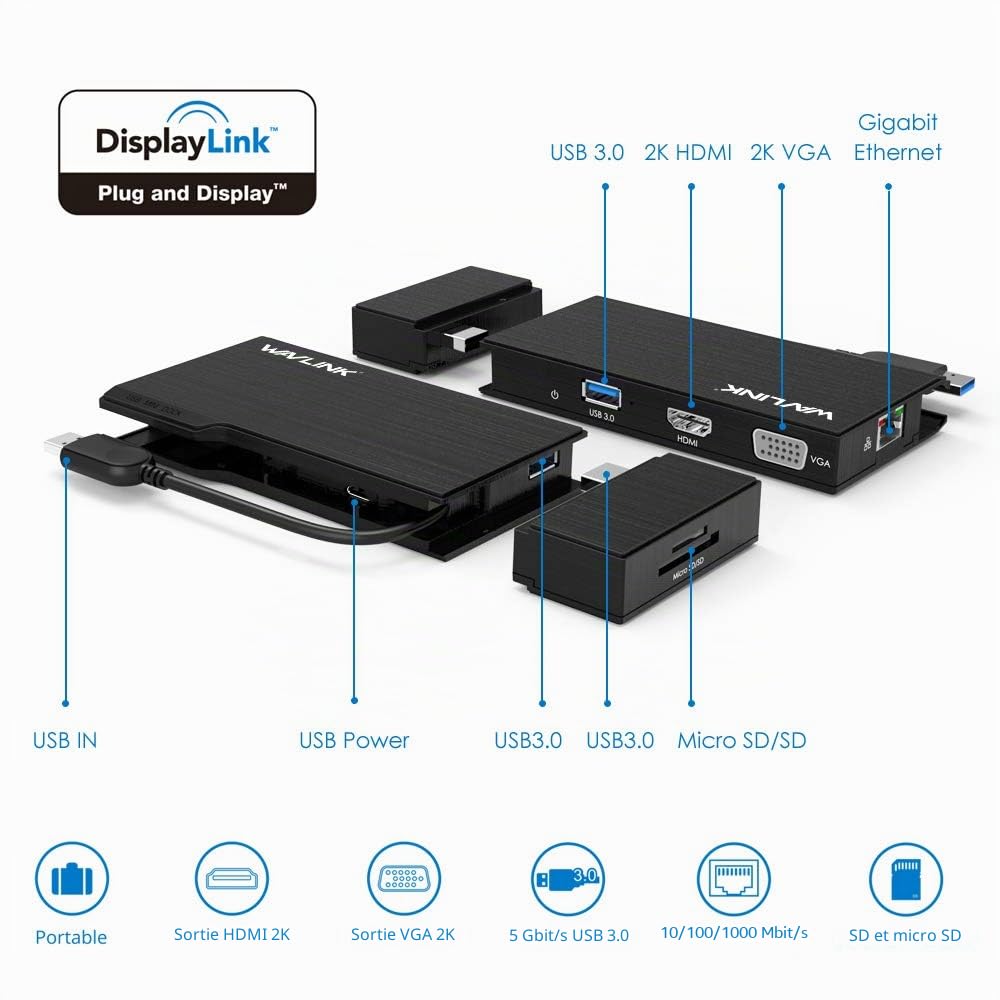 WAVLINK Station d'accueil Universelle 2K USB3.0, Double vidéo HDMI/VGA avec Gigabit Ethernet, USB3.0, Lecteur de Carte SD/TF, HDMI 2560x1440 et VGA 1920x1200, pour Windows et Mac